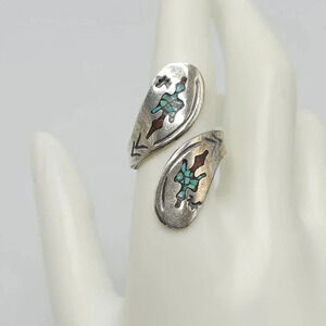 Vintage Navajo Sterling Silver Blue Turquoise Red Coral Inlay Wrap 9.5 Ring